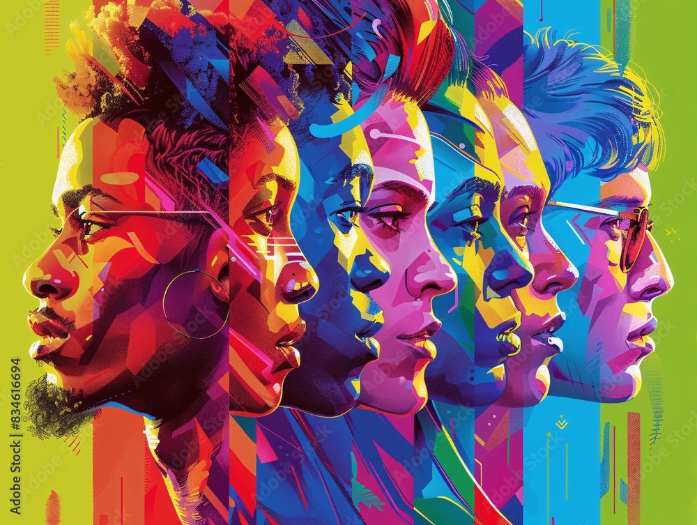 Fototapeta premium A magazine cover celebrating Pride Month, with a powerful portrait of a diverse group of LGBTQ individuals. The design includes elegant, colorful graphics and inspirational headlines about community