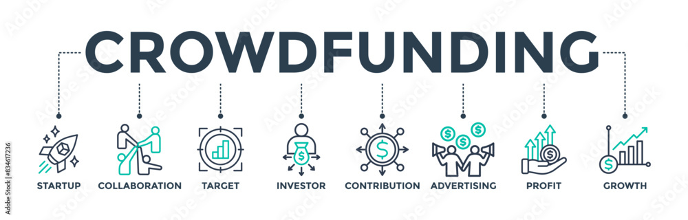 Crowdfunding web icon concept with icon of startup, collaboration, target, investor, contribution, advertising, profit, and growth. Vector illustration Crowdfunding web icon concept with icon of startup, collaboration, target, investor, contribution, advertising, profit, and growth. Vector illustration