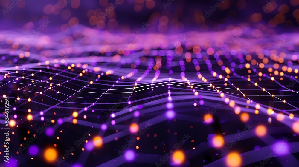Fototapeta premium High-tech background with purple and orange dots connected in a detailed plexus pattern