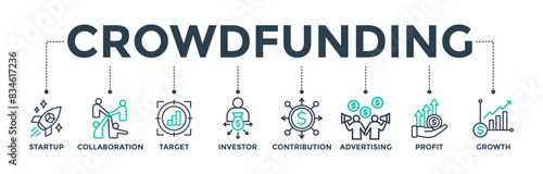 Crowdfunding web icon concept with icon of startup, collaboration, target, investor, contribution, advertising, profit, and growth. Vector illustration