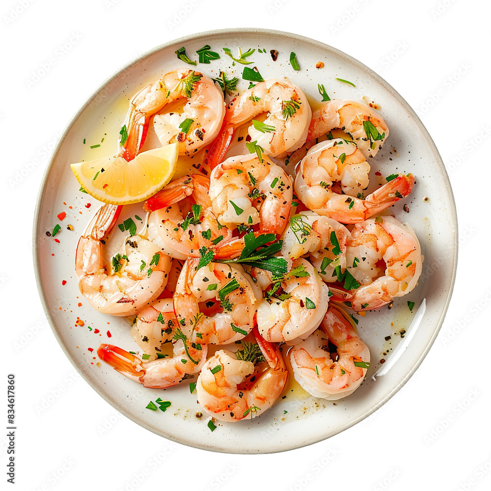 Cooked shrimp with lemon and herbs on white ceramic plate, top view, seafood cuisine
Cooked shrimp with lemon and herbs on white ceramic plate, top view, seafood cuisine
