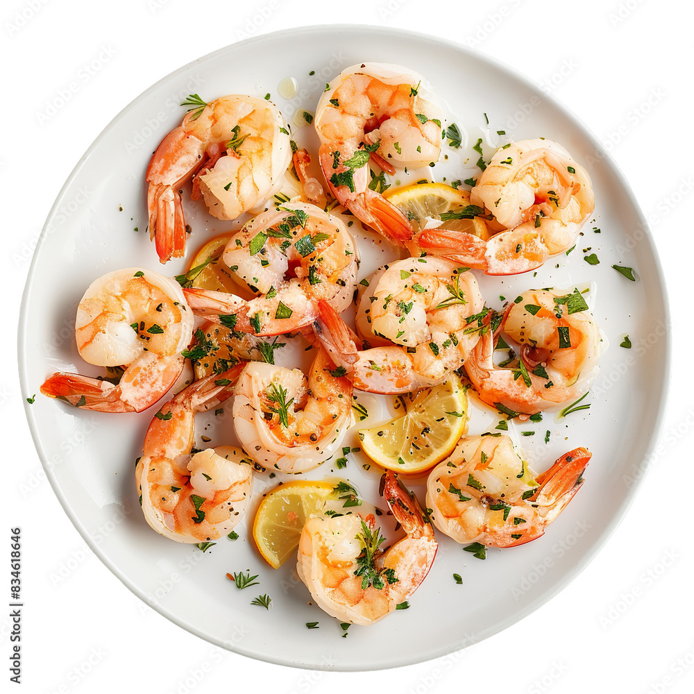 Cooked shrimps with lemon and herbs on white plate, top view, isolated on white background
Cooked shrimps with lemon and herbs on white plate, top view, isolated on white background