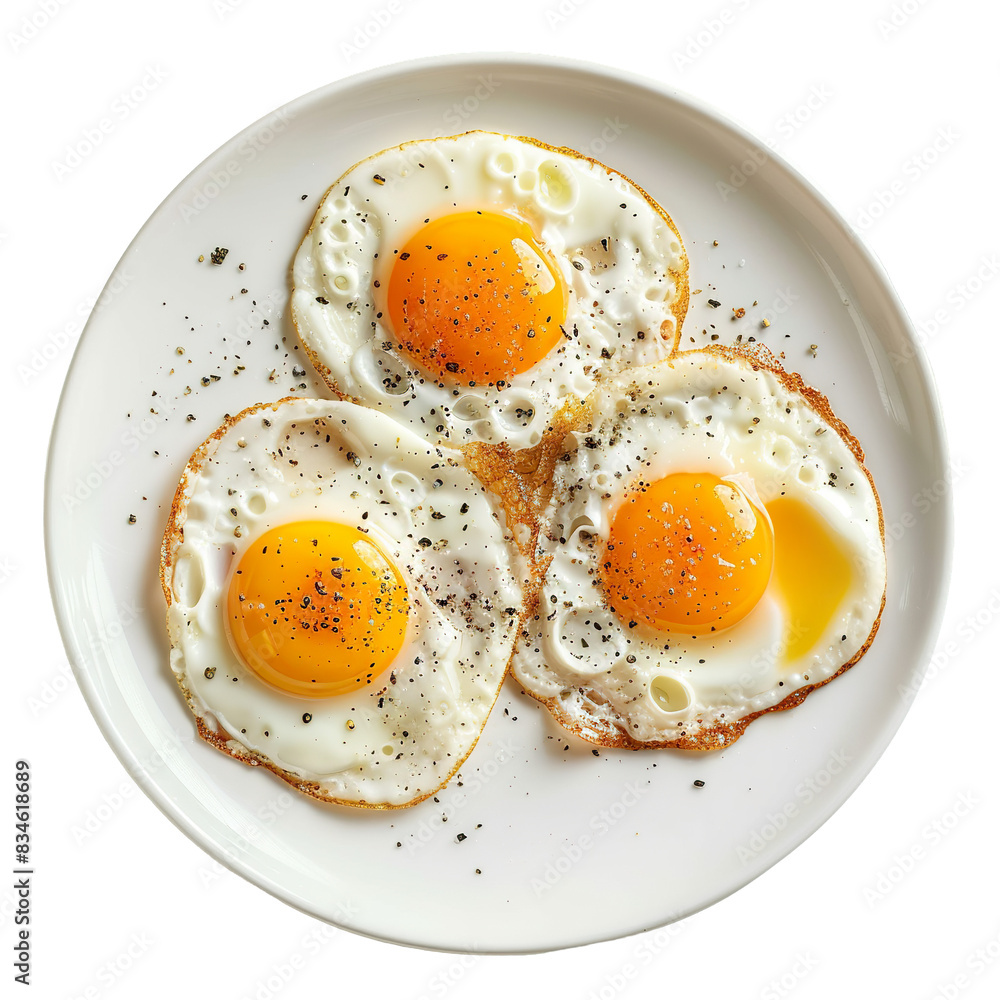 Three sunny side up eggs with crispy edges on a white plate, top view isolated on white
Three sunny side up eggs with crispy edges on a white plate, top view isolated on white