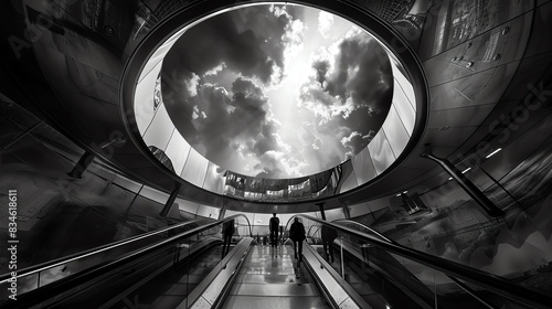 Black and white photo of people on escalator going up from underground station with round window in ceiling. photo