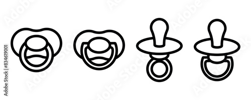Set of four black and white baby pacifier icons. Elements for design of logo, icons, buttons. Isolated horizontal vector illustration