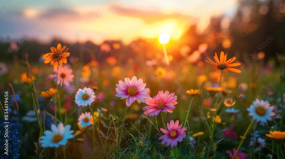 Fototapeta premium Serene Meadow Sunset with Blooming Flowers - Nature's Beauty and Warm Glow