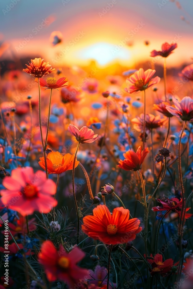 Radiant Sunset Glow: Close-Up of Backlit Flowers in Meadow Embracing Nature's Beauty Radiant Sunset Glow: Close-Up of Backlit Flowers in Meadow Embracing Nature's Beauty