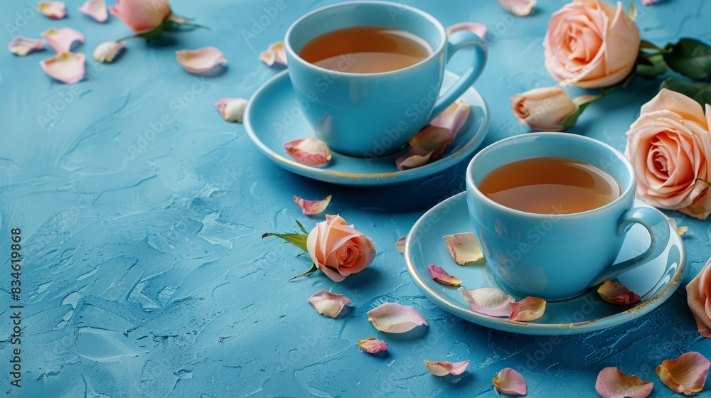 A few cups of tea on a blue table, surrounded by pink and white rose petals and flowers A few cups of tea on a blue table, surrounded by pink and white rose petals and flowers