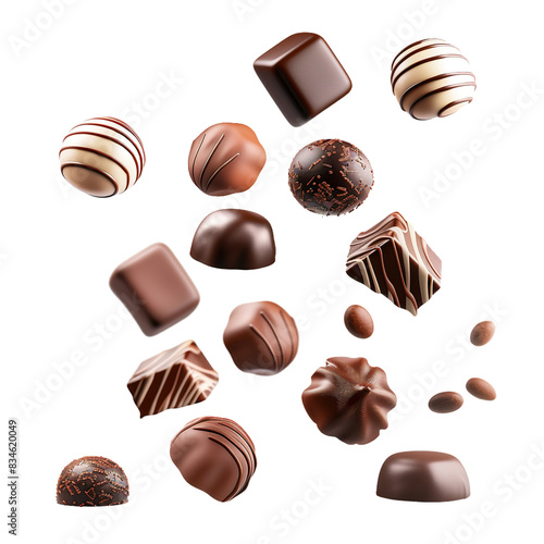 Assorted chocolate candies floating in mid-air, variety of shapes and decorations, high-angle shot, isolated on white

 photo
