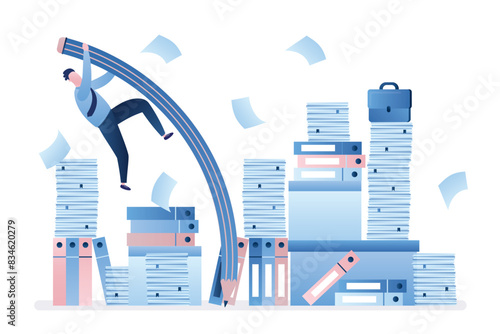 Businessman uses pencil for pole vault, jumps over stacks of papers and folders. Successful completion of paperwork and all tasks. Time management, finishing work on time