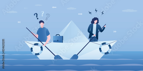 Different individual ways, business direction or team conflict, opposing decisions or disagreements, businesswoman and businessman rowing boat in opposite directions.