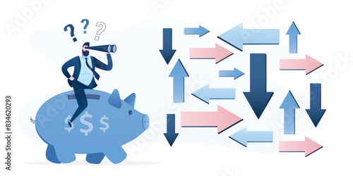 Businessman riding piggy bank and looking binoculars on various arrows. Saving problem concept. Banking or economic uncertainty. Finance questions, doubt or confusion