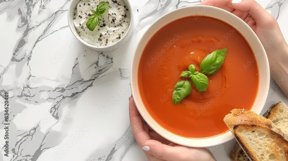 Two hands hold a bowl of tomato soup and a slice of bread on a marbled countertop Nearby, a separate bowl contains sour cream, and a basil garnish is Two hands hold a bowl of tomato soup and a slice of bread on a marbled countertop Nearby, a separate bowl contains sour cream, and a basil garnish is