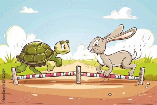 Cartoon cute doodles of a tortoise racing against a hare on a track filled with hurdles, Generative AI