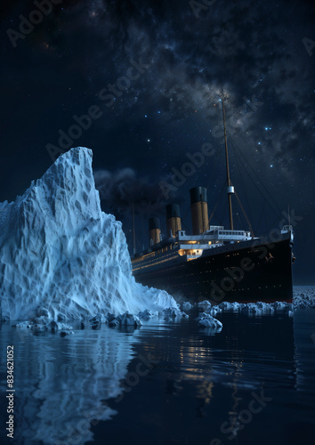 Majestic view of the Titanic ship cruising near a massive iceberg under a starry night sky, highlighting the ominous beauty of the scene