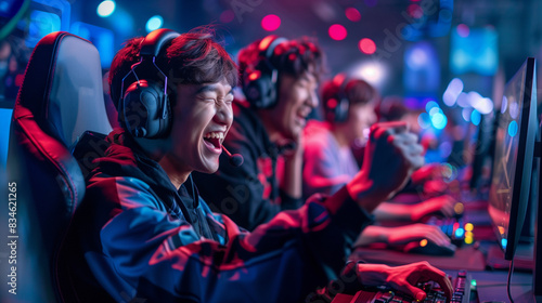 E Sports in Match, pro gamer team with male, wearing headphones, playing esports game on computer, global online streaming 