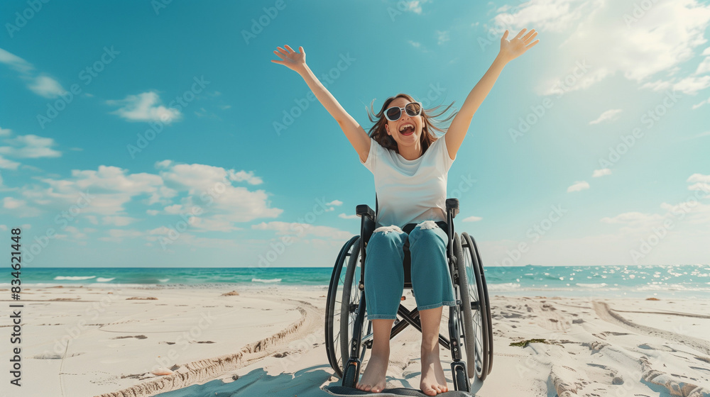 Joyful Young Woman on a Beach in a Wheelchair.A young woman in a wheelchair enjoys a sunny day at the beach. She is smiling and wearing sunglasses, with the ocean waves gently crashing in the backgro Joyful Young Woman on a Beach in a Wheelchair.A young woman in a wheelchair enjoys a sunny day at the beach. She is smiling and wearing sunglasses, with the ocean waves gently crashing in the backgro