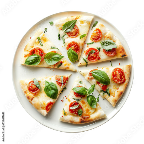 Sliced Margherita Pizza with Fresh Basil and Cherry Tomatoes on White Plate, Top View

 photo