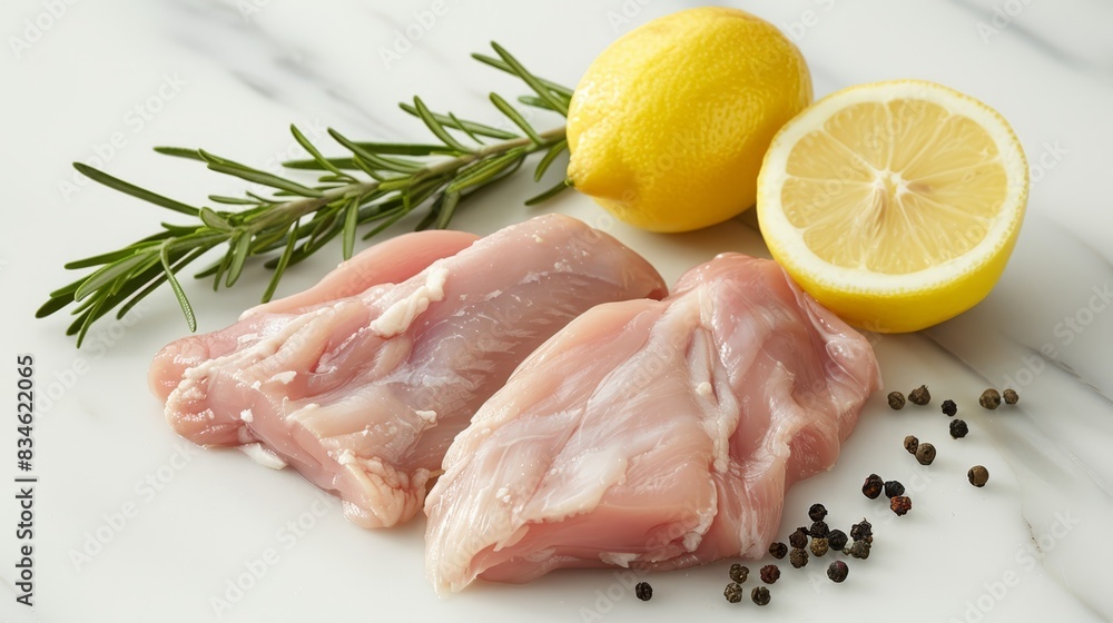 Two raw chicken pieces next to a lemon and rosemary sprig on a white marble countertop Peppercorns and additional lemons nearby Two raw chicken pieces next to a lemon and rosemary sprig on a white marble countertop Peppercorns and additional lemons nearby