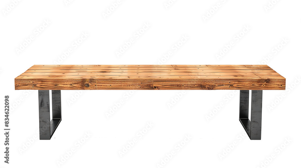 Modern Minimalist Wooden Bench with Black Metal Supports on White Background Modern Minimalist Wooden Bench with Black Metal Supports on White Background
