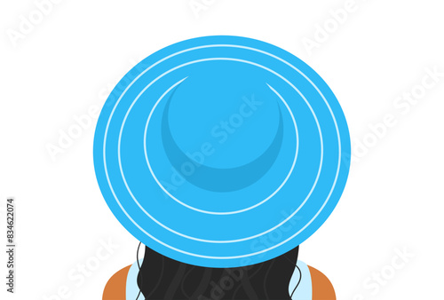 Black woman in blue hat standing backwards. Concept of beauty, fashion, style, equality. Design element for summer background, card, post, banner, flyer, sale. Vector illustration. 