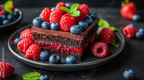  A piece of chocolate cake topped with raspberries and blueberries on a black table  alongside a separate plate of fresh raspberries