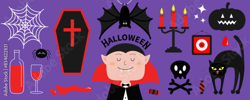 Count Dracula icon set. Happy Halloween. Spider web, bat, blood wine bottle glass, coffin, cat, red eye, pumpkin, candle holder. Cute cartoon vampire character. Flat design. Violet background. Vector