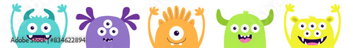 Monster set. Happy Halloween. Five colorful silhouette face head icon line. Eyes, tooth fang, tongue, hands up. Cute cartoon kawaii scary funny baby character. Flat design. White background. Vector