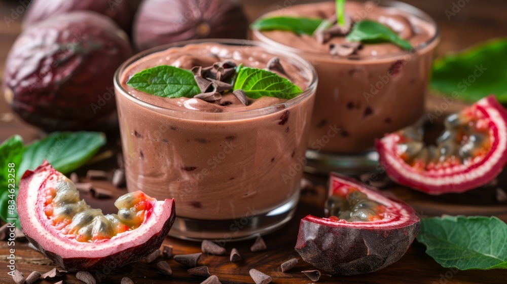 Two glasses of chocolate mousse, garnished with a green leaf atop each glass, and a whole pomegranate beside them Two glasses of chocolate mousse, garnished with a green leaf atop each glass, and a whole pomegranate beside them