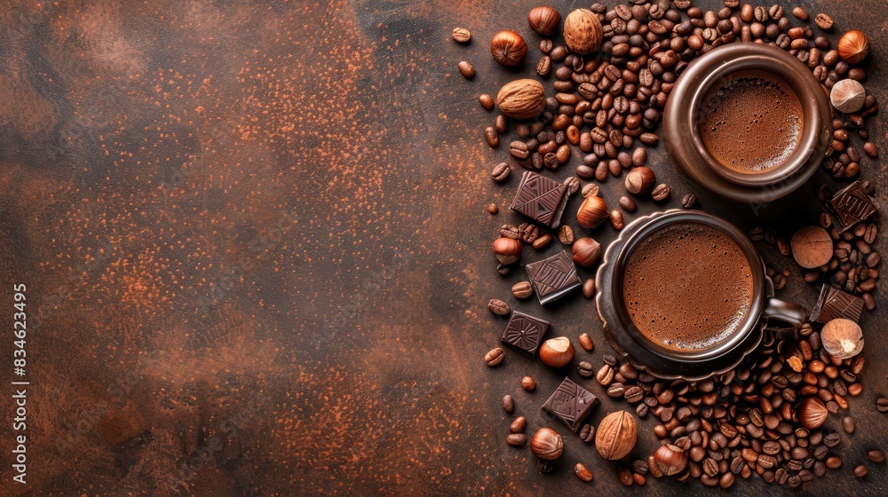 A couple of cups of coffee on a table Nearby, nuts and a chocolate bar rest atop coffee beans, accompanied by a separate piece of chocolate A couple of cups of coffee on a table Nearby, nuts and a chocolate bar rest atop coffee beans, accompanied by a separate piece of chocolate