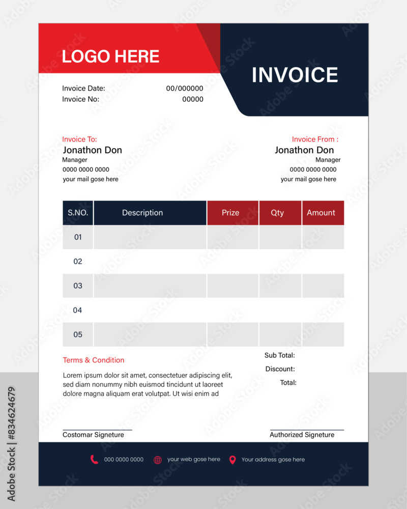 Creative red blue and white simple business invoice template design Creative red blue and white simple business invoice template design