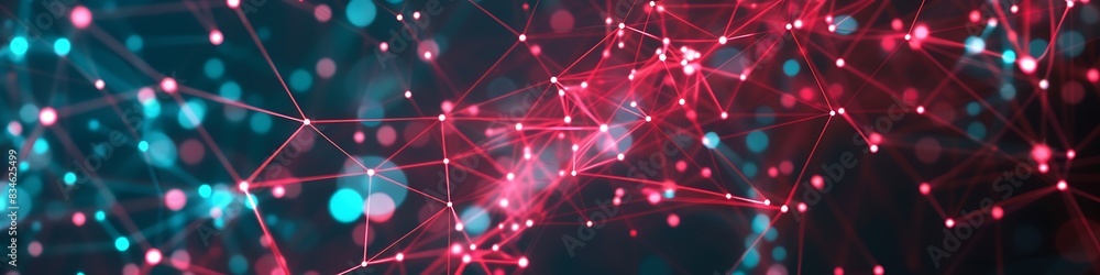 Modern technology background showcasing red and cyan dots connected in an intricate plexus network Modern technology background showcasing red and cyan dots connected in an intricate plexus network