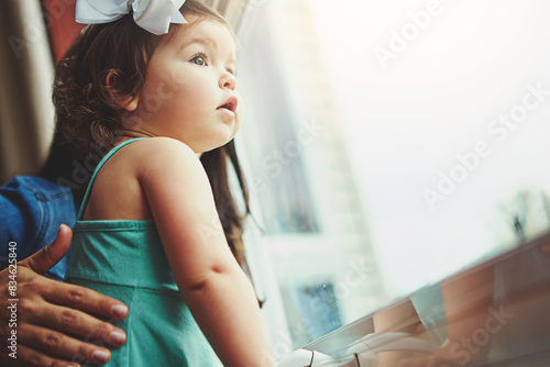 Mother  baby and glass in home with window  love and bonding with family in apartment together with girl toddler. Childhood development  growth and curious or caring  woman and parenthood in house