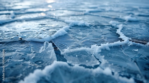 Intricate Patterns of Cracked and Frozen Ice Surface in Winter Landscape