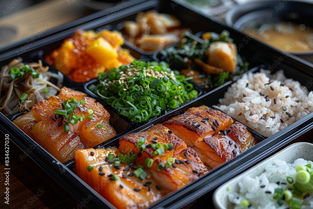 Bento Box - A compartmentalized lunch box with rice, fish, meat, pickled vegetables, and tamagoyaki. Bento Box - A compartmentalized lunch box with rice, fish, meat, pickled vegetables, and tamagoyaki.