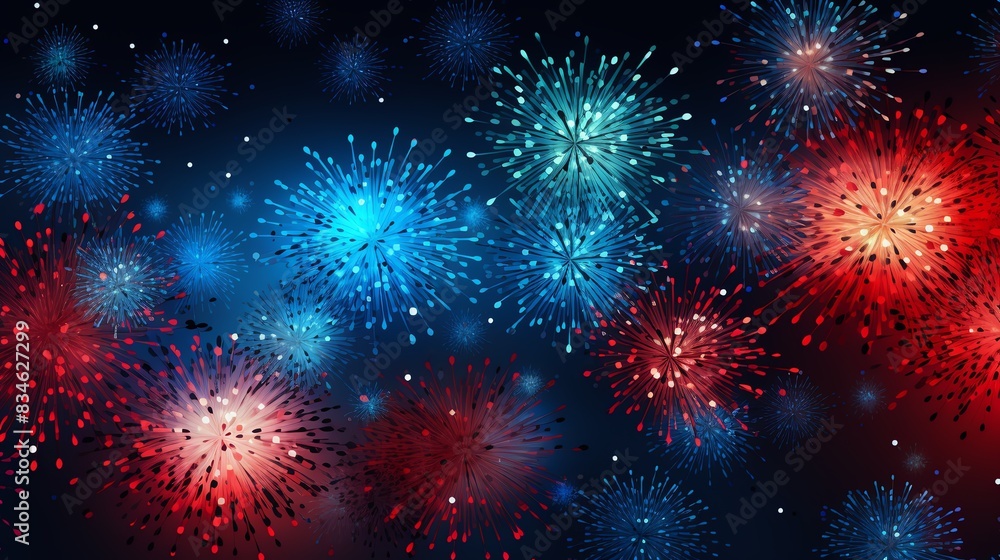 Fototapeta premium Red, white, and blue fireworks explode against a dark sky. Independence Day Celebration. 