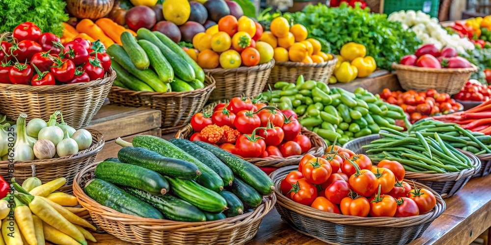 Farmers market display of fresh organic vegetables such as tomatoes, cucumbers, peppers, and squash , produce, market, farm, harvest, agriculture, organic, fresh, vegetables, tomatoes