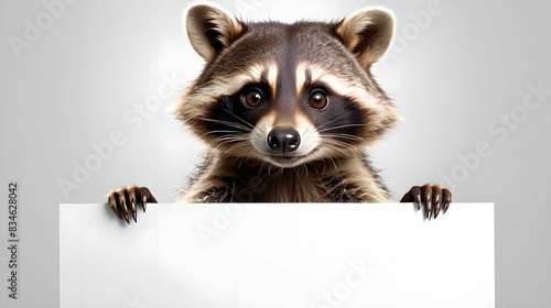 Raccoon showing poster on white background, blank web banner template and copy space © mischenko