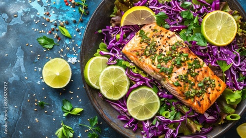  A plate displays salmon, cabbage, and limes against a blue backdrop Lime wedges rest beside the plate, while garnishes embellish its surface photo