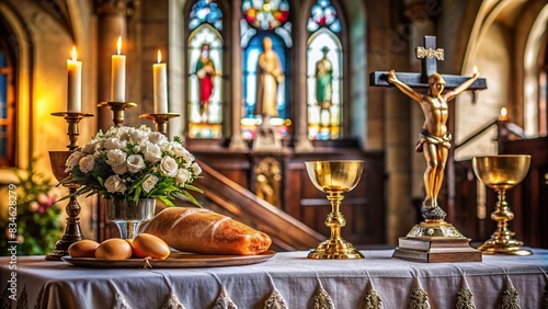Holy communion on table on church altar, religion, sacrament, faith, Christianity, Catholicism, Eucharist, worship, sacramental, spiritual, sacred, blessed, chalice, bread, wine, church photo