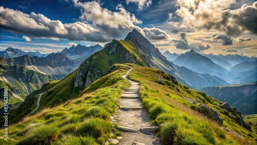 Path to success on mountains, featuring a route from base to peak without any people present, mountain, climbing, progress, route, peak, business, journey, success, path, trail, adventure
