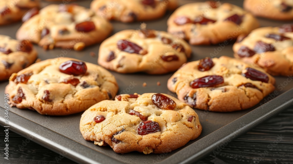 A tray holds cookies topped with cranberries and pecans, resting atop muffins below A tray holds cookies topped with cranberries and pecans, resting atop muffins below