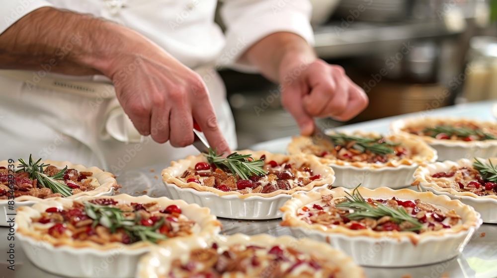  A tight shot of someone adding toppings to pies in baking pans, surrounded by more pies on a table in the background Person wields a knife in the foreground
