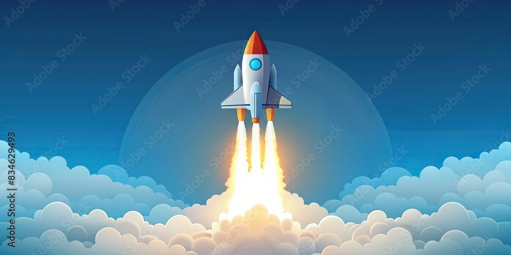 Rocket launch in sky over clouds, space ship in smoke clouds, business ...