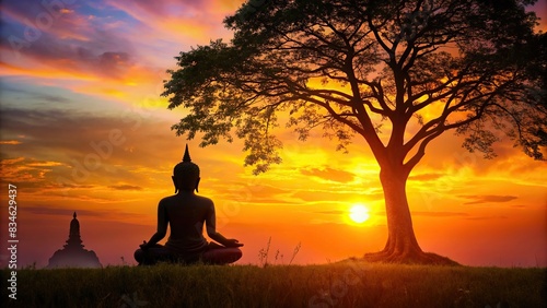 Silhouette of buddha sitting under bodhi tree with sunset background, silhouette, buddha, meditation, bodhi tree, peaceful, tranquil, calm, enlightenment, spirituality, zen, sun rays, dusk photo