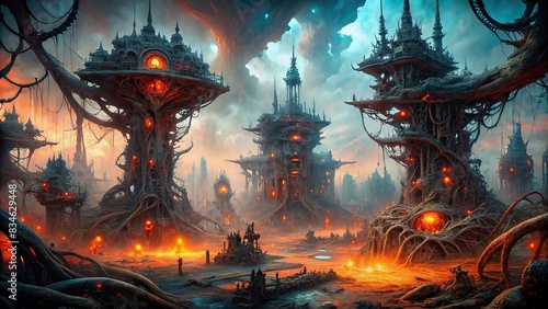 Eerie biomechanical horror landscape with twisted metal structures and glowing veins   biomechanical  horror  landscape  eerie  twisted  metal  structures  glowing  veins  futuristic  sci-fi