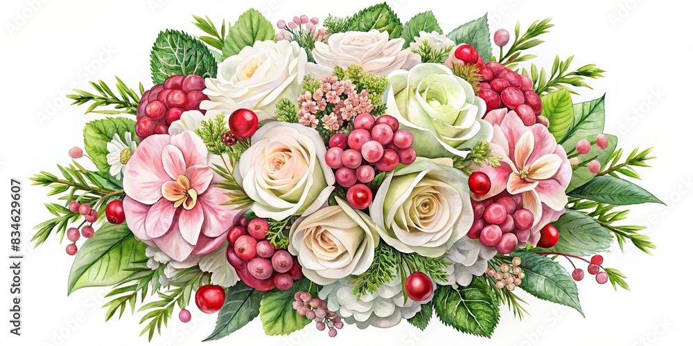 Watercolor style round bouquet with white violets, pink roses, red berries, chamomile flowers, and green Japanese hydrangeas, floral design for wedding, , watercolor, round bouquet