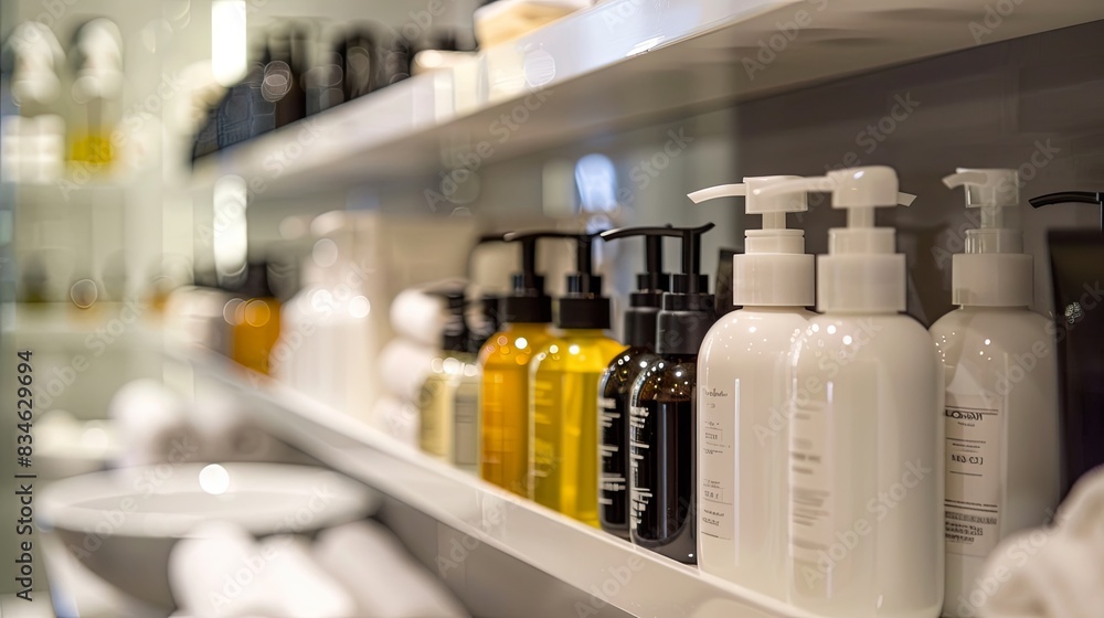 A close-up view of neatly arranged bottles of shampoo and conditioner on a shelf in a bathroom or salon setting. Generative AI A close-up view of neatly arranged bottles of shampoo and conditioner on a shelf in a bathroom or salon setting. Generative AI