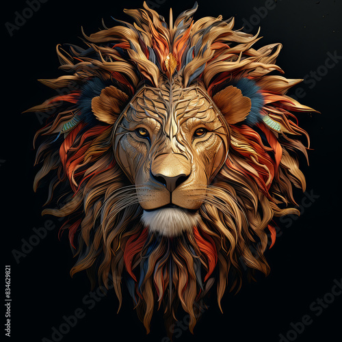 An elaborate decorative illustration of a lion's face with intricate details and vibrant colors, highlighting artistic creativity and skill. photo