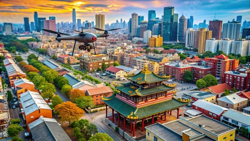 Low flight through to Streets of Chinatown in Toronto Canada travel photography by drone , Toronto, Canada, Chinatown, street, cityscape, urban, aerial view, architecture, buildings